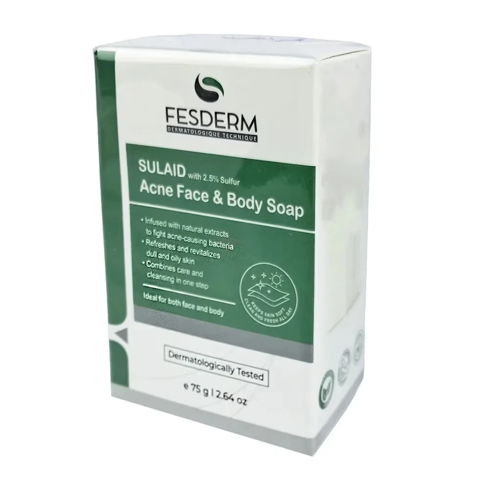 FESDERM SULAID Acne Face & Body Soap with 2.5% Sulfur for Oily & Acne-Prone Skin – 75g